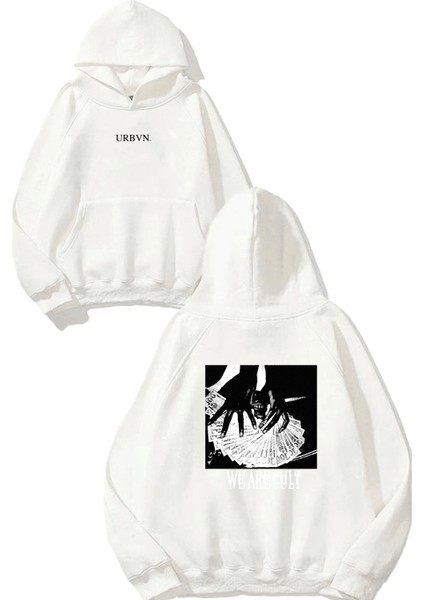 Cult Tasarım Baskılı Oversize Beyaz Kapüşonlu Sweatshirt