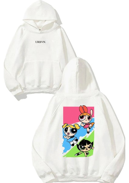 Powerpuff Girls Tasarım Baskılı Oversize Beyaz Kapüşonlu Sweatshirt