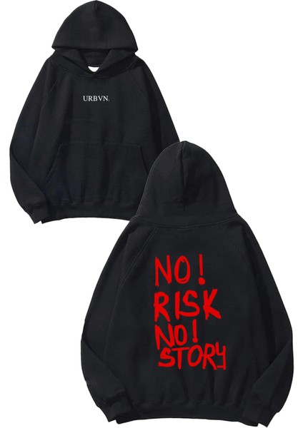 No Risk Tasarım Baskılı Oversize Siyah Kapüşonlu Sweatshirt