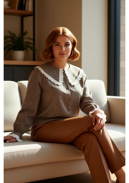 Büyük Beden Kadın Ekose Desenli Bebé Yaka Bluz Kaliteli Şık Rahat Modern Zarif Günlük fırsatları