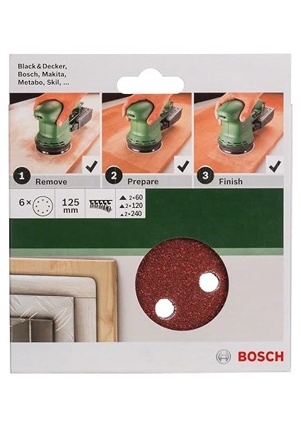 Professional Accessories Eksantirik Zımpara Kağıdı 6'lı Set, 125 mm 60/120/240 Kum 8 Delik modelleri