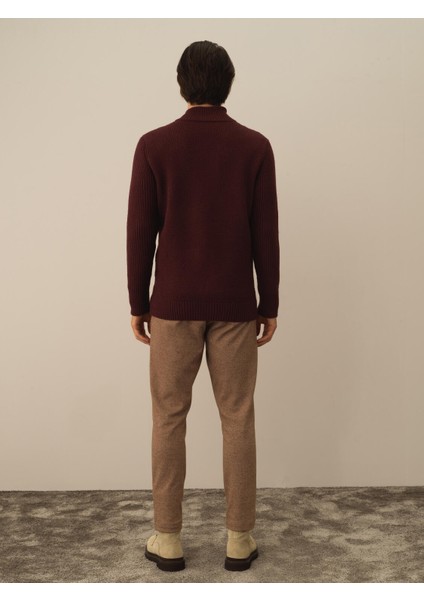 Erkek Bordo Doğal Yün Dokulu Regular Fit Hırka