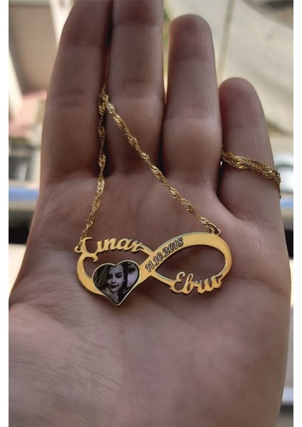 925 Ayar Gümüş 24 Ayar Altın Kaplama Resimli ve Isimli Sonsuzluk Kolye