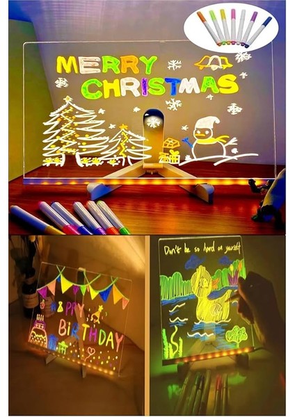 20X20 LED Işıklı Yazı Çizim Tahtası Ayarlanabilir Stant ve Hediye 7 Keçeli Kalem