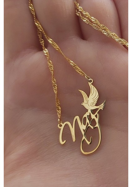 925 Ayar Gümüş 24 Ayar Altın Kaplama Isimli Güvercin Figürlü Kolye