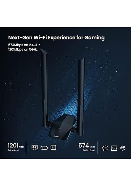 U18A Wi-Fi 6 Adaptör USB 3.0, AX1800 Çift Bantlı Wireless Adaptör, 1201MBPS 5ghz, 574MBPS 2.4ghz, Tak ve Çalıştır, Mu-Mımo Teknolojisi, Wpa3, Windows 10 Desteği, Siyah modelleri