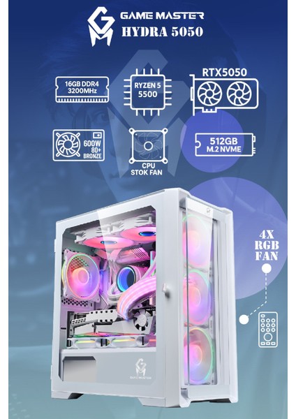 Hydra 5050 Ryzen 5 5500 Cpu 16GB Ram 512GB Nvme SSD RTX5050 4x Rgb Fanlı Kumandalı Gaming Pc