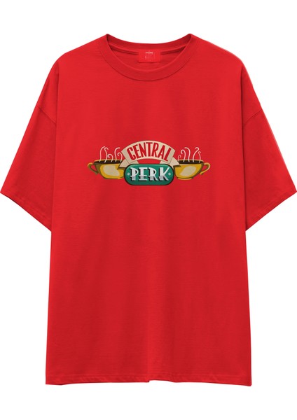 Central Perk / Friends Oversize Tişört - Kırmızı