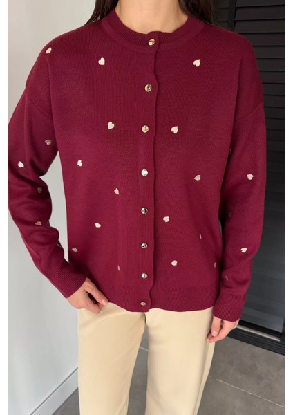 Kadın Kalp Nakışlı Triko Hırka (S-M-L Uyumludur) P-00018885