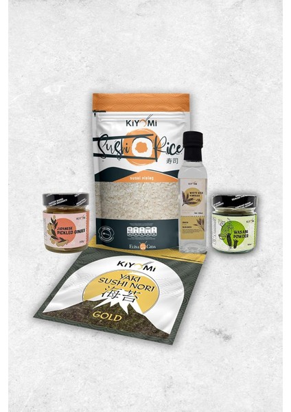 Kiyomi Sushi Devam Seti | 5 Farklı Ürün | Sushi Pirinci 1000 Gram, 20 Yaprak Nori Yosunu, Pirinç Sirkesi 250 Ml, Zencefil Turşusu 250 Gram, Wasabi Tozu 100 Gram fiyatları