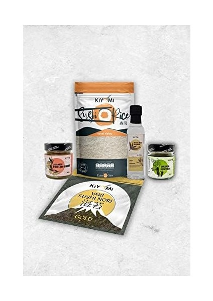 Kiyomi Sushi Devam Seti | 5 Farklı Ürün | Sushi Pirinci 1000 Gram, 20 Yaprak Nori Yosunu, Pirinç Sirkesi 250 Ml, Zencefil Turşusu 250 Gram, Wasabi Tozu 100 Gram modelleri