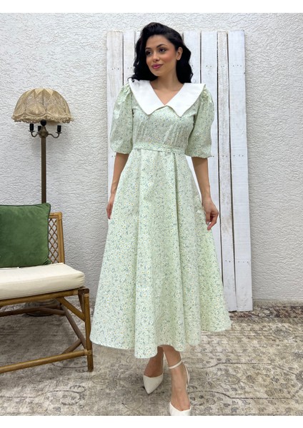 Beyaz Yakalı Su Yeşili Papatya Kloş Poplin Elbise