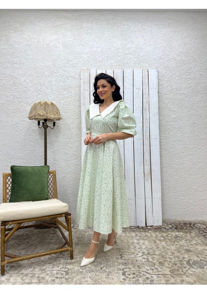 Beyaz Yakalı Su Yeşili Papatya Kloş Poplin Elbise modelleri