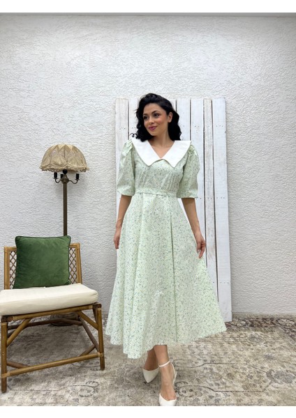 Beyaz Yakalı Su Yeşili Papatya Kloş Poplin Elbise fırsatları