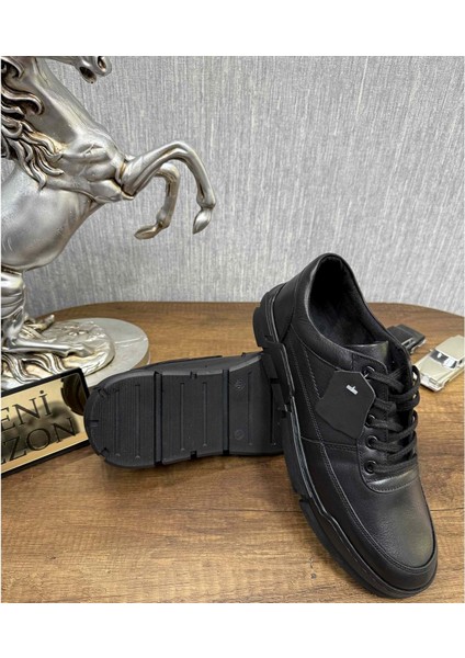 Erkek Hakiki Deri Bağcıklı Esnek Taban Spor Bot - Siyah - 40