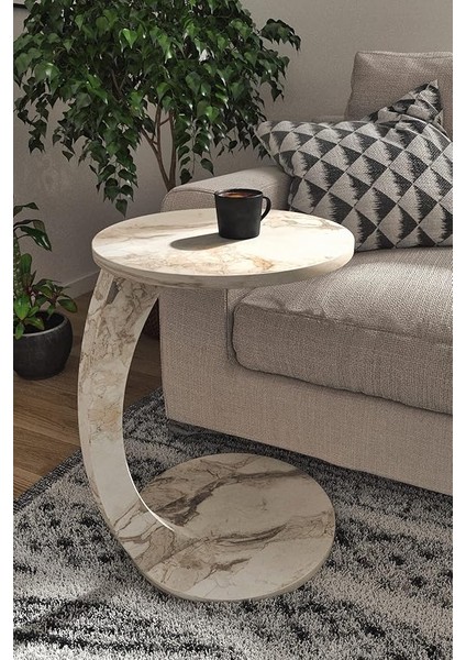 Tekerlekli C Sehpa Koltuk Sehpası Yan Sehpa Zigon Sehpa Servis Sehpası - Beyaz Mermer Desen