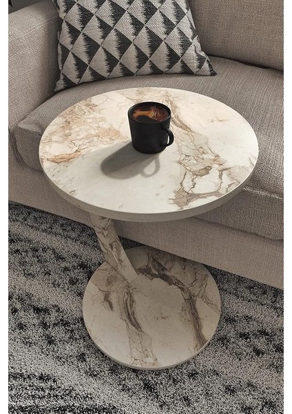 Tekerlekli C Sehpa Koltuk Sehpası Yan Sehpa Zigon Sehpa Servis Sehpası - Beyaz Mermer Desen fırsatları