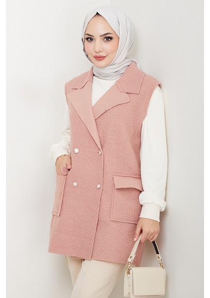 Kapak Cepli Düğmeli Yelek 1649 - Pudra
