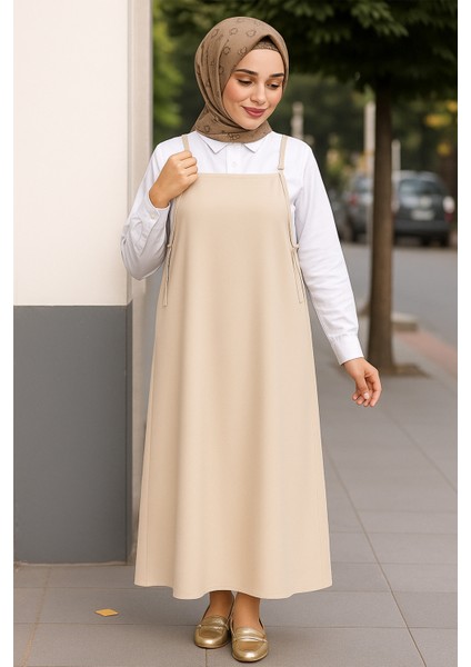 Kadın Taş Rengi Basic Ayarlanabilir Askılı Jile Elbise