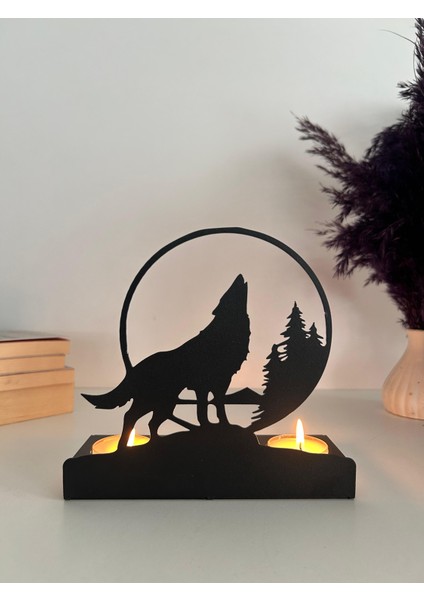 Uluyan Kurt Temalı Metal Dekoratif Mumluk