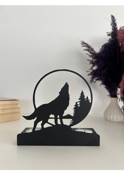 Uluyan Kurt Temalı Metal Dekoratif Mumluk