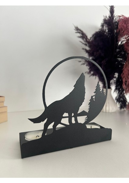 Uluyan Kurt Temalı Metal Dekoratif Mumluk