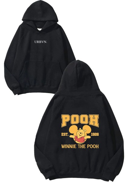 Pooh Winnie Tasarım Baskılı Oversize Siyah Kapüşonlu Sweatshirt
