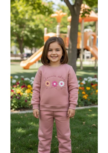 Kız Çocuk Kışlık Eşofman Takımı Sweatshirt Alt Pamuklu Üç Iplik Şardonlu Günlük Kombin 3-4-5-6-7 Yaş