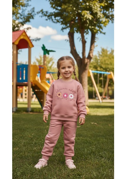 Kız Çocuk Kışlık Eşofman Takımı Sweatshirt Alt Pamuklu Üç Iplik Şardonlu Günlük Kombin 3-4-5-6-7 Yaş fırsatları