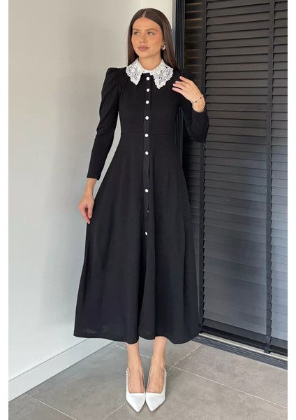 Kadın Dantel Yaka Boydan Düğmeli Triko Elbise P-00018927