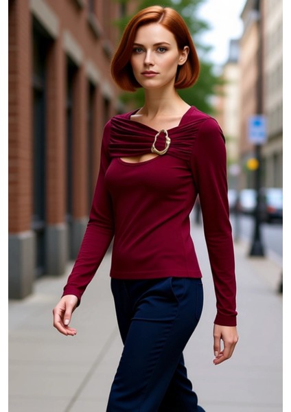 Kadınlar Için Zarif Aksesuarlı Vücuda Oturan Esnek Uzun Kollu Üst Kaliteli Şık Rahat Modern modelleri