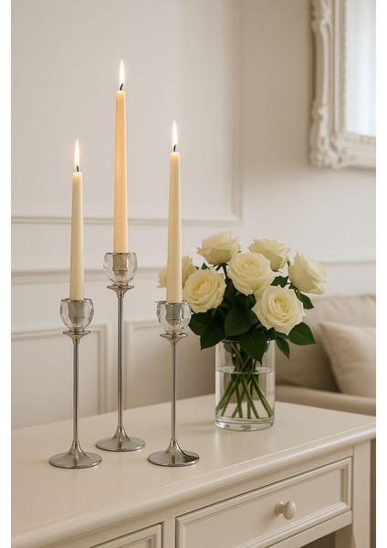 Gümüş Renkli 3'lü Kristal Cam Mumluk Seti & Gümüş Dekoratif Şamdan Takımı