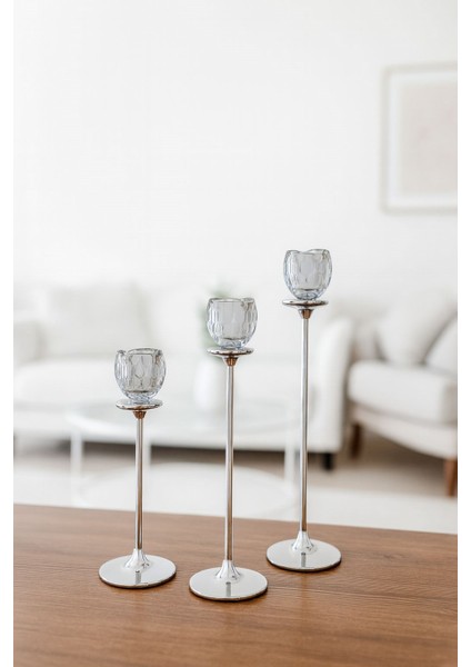 Gümüş Renkli 3'lü Kristal Cam Mumluk Seti & Gümüş Dekoratif Şamdan Takımı modelleri