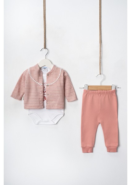 Baby Kız Bebek 3 Ay 6 Ay 9 Ay Triko Görünümlü Hırkalı Badili Altı Penye Interlok 3'lü Takım