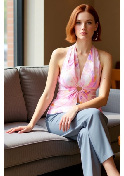 Kadın Kalın Askılı V Yaka Pencere Detaylı Baskılı Crop Bluz Polyester Karışımlı Örme Kumaş Yazlık fırsatları