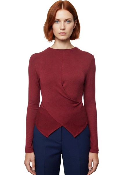 Stil Kadın Kruvaze Büzgü Drape Detaylı Vücuda Oturan Bluz Regular Örme Slim Kalıp Düşük Kol