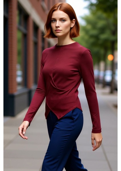 Stil Kadın Kruvaze Büzgü Drape Detaylı Vücuda Oturan Bluz Regular Örme Slim Kalıp Düşük Kol modelleri