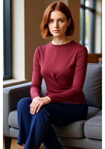 Stil Kadın Kruvaze Büzgü Drape Detaylı Vücuda Oturan Bluz Regular Örme Slim Kalıp Düşük Kol fırsatları