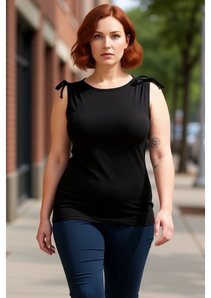 Kadın Omuz Bağcıklı Vücuda Oturan Esnek Dokulu Kolsuz Üst Giyim Kaliteli Şık Rahat