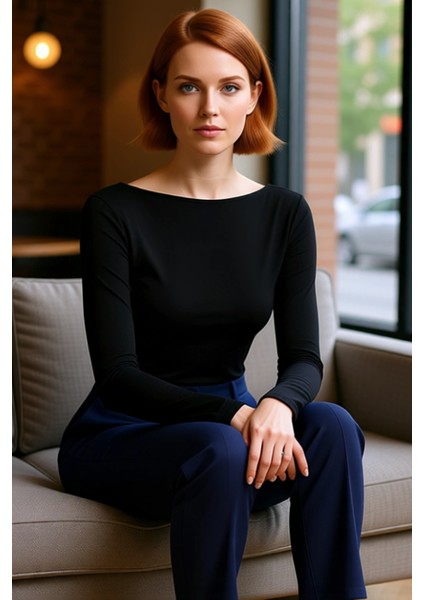 Kadın Şık Regular Kayık Yaka Slim Kalıp Örme Pamuklu Sırt Dekolteli Fitted Vücuda Oturan Esne Bluz