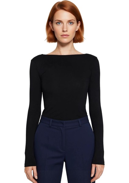 Kadın Şık Regular Kayık Yaka Slim Kalıp Örme Pamuklu Sırt Dekolteli Fitted Vücuda Oturan Esne Bluz fiyatları