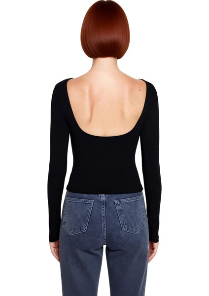 Kadın Şık Regular Kayık Yaka Slim Kalıp Örme Pamuklu Sırt Dekolteli Fitted Vücuda Oturan Esne Bluz modelleri