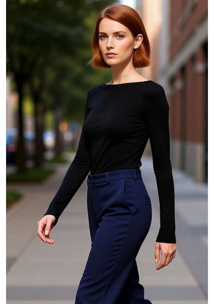 Kadın Şık Regular Kayık Yaka Slim Kalıp Örme Pamuklu Sırt Dekolteli Fitted Vücuda Oturan Esne Bluz fırsatları