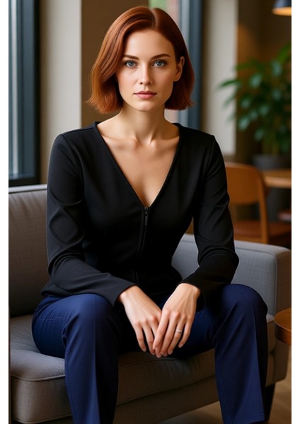 Kadın Uzun Kollu Fermuarlı V Yaka Örme Bluz Kaliteli Şık Rahat Modern Zarif Günlük