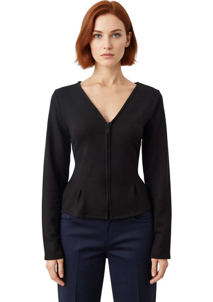 Kadın Uzun Kollu Fermuarlı V Yaka Örme Bluz Kaliteli Şık Rahat Modern Zarif Günlük fiyatları