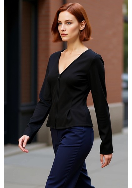 Kadın Uzun Kollu Fermuarlı V Yaka Örme Bluz Kaliteli Şık Rahat Modern Zarif Günlük fırsatları