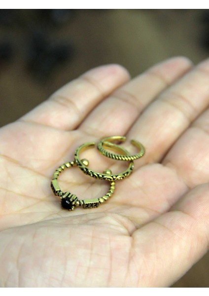 Doğal Taşlı 3'lü Garnet (Lal) Doğal Taşlı Antik Modelli Kadın Ayarlanabilir Yüzük Seti EUY84 modelleri