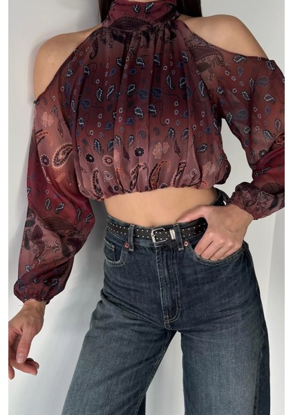 Iç Astarlı Omuz Dekolteli Kadın Crop Top Şifon Bluz P-00018952