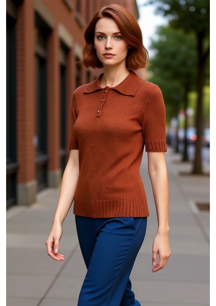 Kadın Regular Fit Polo Yaka Kısa Kollu Triko Bluz Günlük Şıklık ve Konfor Kaliteli Şık Rahat modelleri