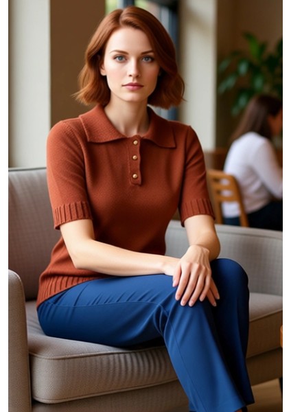 Kadın Regular Fit Polo Yaka Kısa Kollu Triko Bluz Günlük Şıklık ve Konfor Kaliteli Şık Rahat fırsatları